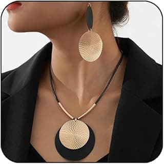 YOOESTORES82 Gold Disc Pendant Necklace Earrings Set Leather Cord Black Circle Statement Necklaces Geometric Textured Meda...