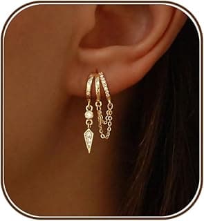SELSHE Dangle Earrings for Women,14k Gold Plated Triple Huggie Stud Earrings Cute Statement Chain Earring Dainty Drop Earr...