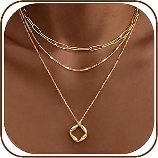 Poxtex Layered Gold Necklaces for Women, Stackable Dainty 14K Gold Silver Plated Trendy Simple Heart Diamond Cross Bow Cir...