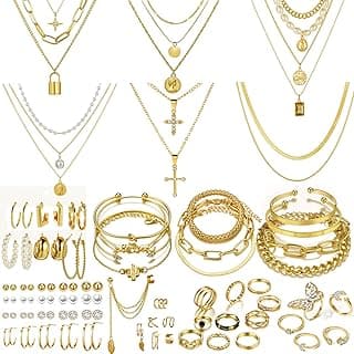 73 Pcs Gold Jewelry Set with 6Pcs Layered Necklace, 11 Pcs anklet and 7Pcs Earring Ear Cuff,12Hoop Earrings ,15pcs Rings,2...