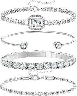 4 Pcs Dainty Gold Silver Bracelets Set for Women 14K Plated Link Cubic Zirconia Paperclip Stake Layering Chain Adjustable ...