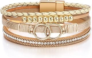 Fesciory Leopard Bracelet for Women, Boho Leather Wrap Multi-Layer Pearl Crystal Bracelet Bangle Jewelry