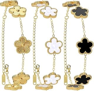 AICase 18K Gold Plated Clover Bracelet Dupes Gold/White/Black Bracelet Set for Women Flower Leaf Lucky Clover Bracelets Tr...