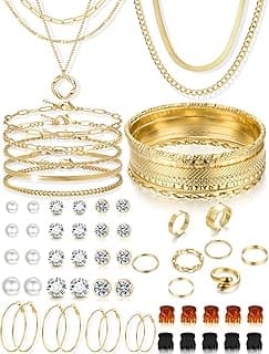 YEEZII 56 Pcs Gold Jewelry Set for Women with 5Pcs Layered Necklace, 5Pcs Layered Necklace, 12 Bracelets, 4 Hoop Earrings,...