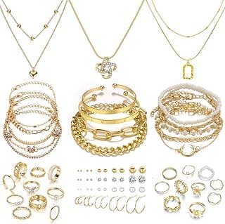 IFKM Gold Plated Jewelry Set for Women,14k Gold Plated Multi Layer Necklaces Stackable Bangle Bracelets Stackable Knuckle ...