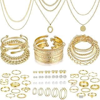 FAXHION 68 Pcs Gold Jewelry Set for Women with 7 Necklace, 17 Bracelet, 5 Hoop Earrings, 15 Stud Earrings, 24 Knuckle Ring...