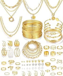 17 MILE 78 Pieces Gold Jewelry Set for Women, 9 Necklace, 24 Bracelet, 22 Earrings, 23 Knuckle Rings Gold Plated Jewerly s...