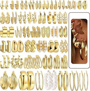 42 Pairs Gold Hoop Earrings Set for Women, Hypoallergenic Multipack Small to Chunky Hoops, Pearl & Twisted Trendy Earrings...